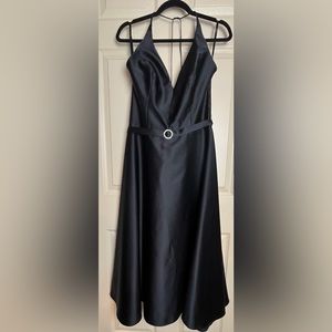 Black Satin Evening Gown Halter with Belt